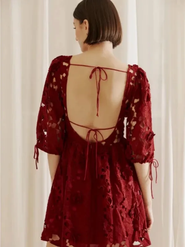 Storia Deep Red Lace V-Neck Eyelet Floral Mini Dress - Image 3