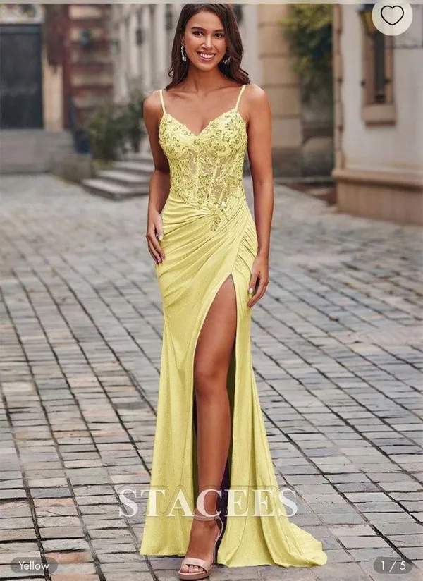 Stacees Yellow V-Neck Prom Dress - Image 2