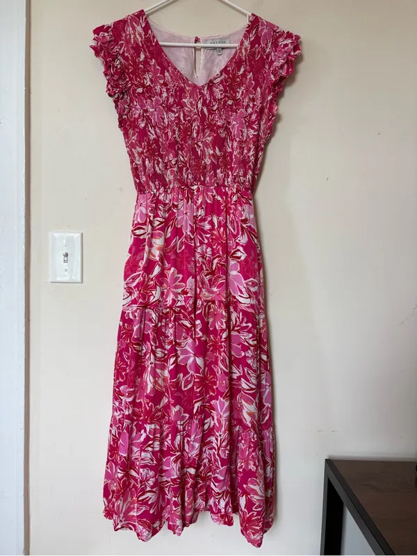 HAYDEN LA Tropical Floral Smocked Ruffled Midi Tank Dress Pink Sz Large - Image 3