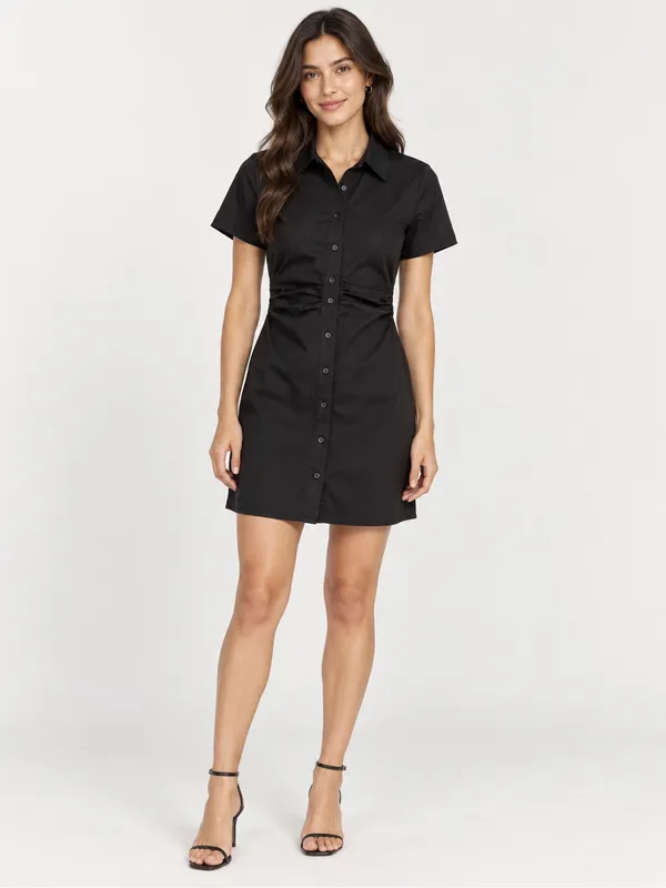 Zara Black Ruched Button Front Mini Shirt Dress XS - Image 8