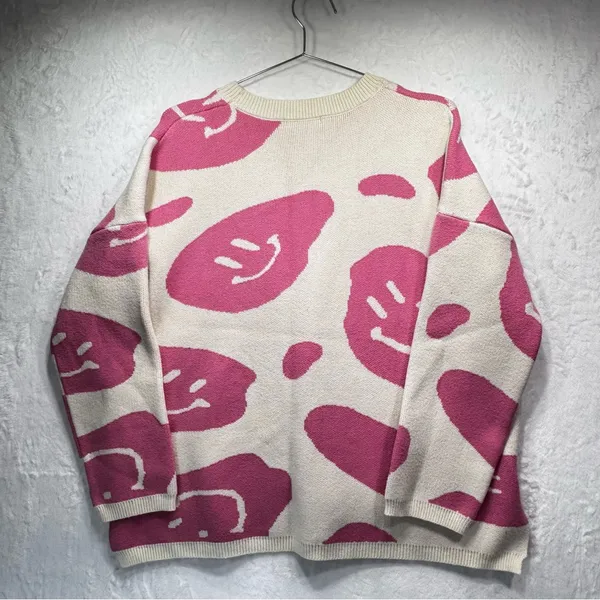 Moon & Madison Y2K Sweater Ivory with Pink Smiley Faces Oversized Soft Cozy XL - Image 4