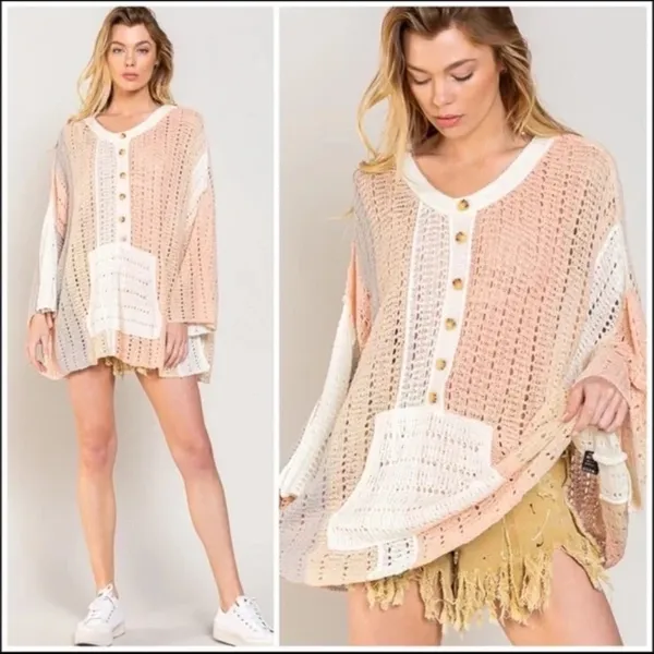 POL Blush Coral Stripe Loose Crochet Sweater - size small - Image 3