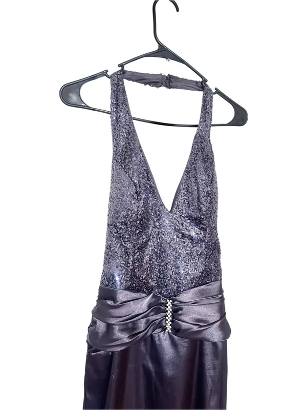 Vintage Lenovia Y2K Charcoal Gray Halter Formal Dress Gown Sequin Ruched - Image 2