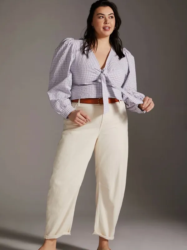 Maeve Anthropologie Cropped Gingham Bow Blouse Lavender Sz 14 Cottage Coastal - Image 4