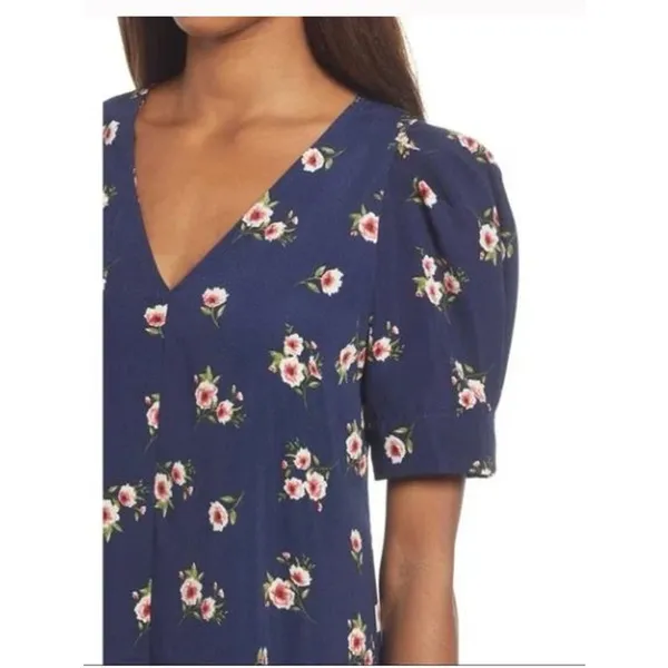 Chelsea28 Floral Puff Sleeve V-Neck Navy‎ Shift Dress Size Large - Image 5