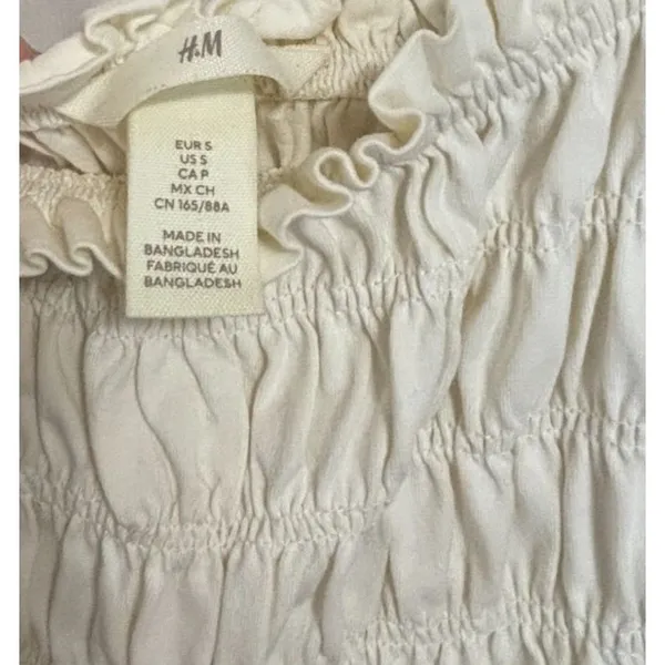 H&M Ivory Puff Sleeve‎ Smocked Cotton Midi Dress Sz S Milkmaid Cottagecore Romantic - Image 4
