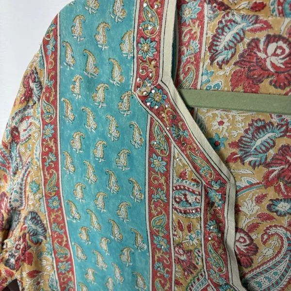 Tunic Top Women’s Boho Paisley 3/4 Sleeves Blouse Multicolor Embellished Medium - Image 3