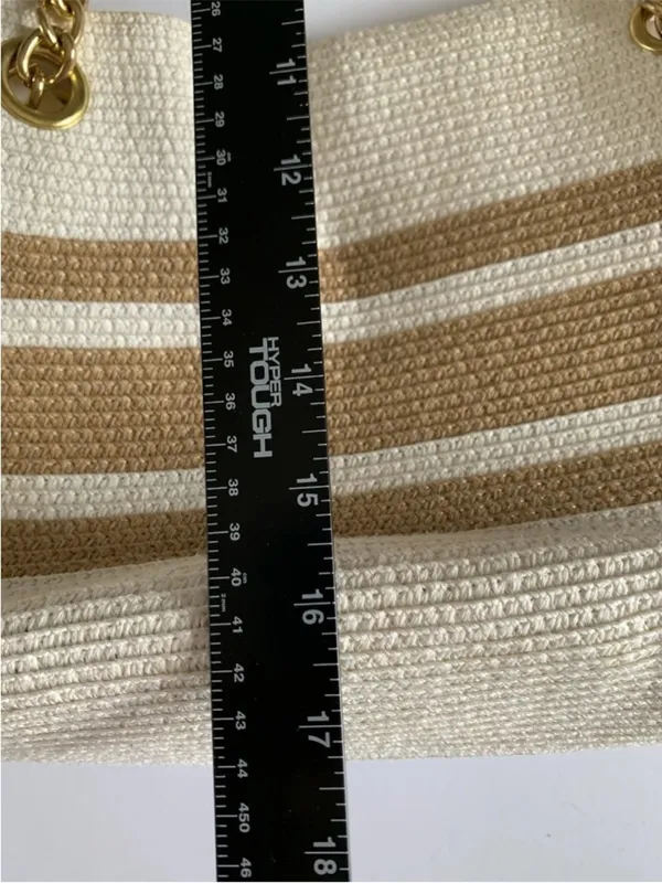 Straw Beach Tote Bag Woven Raffia White Tan Gold Chain Coastal Resort Purse - Image 11