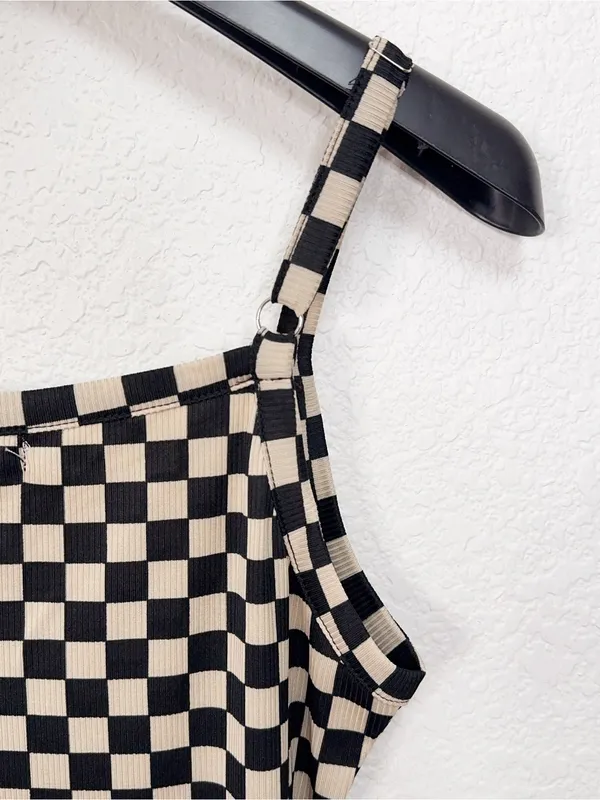 Miss Sparkling Black Cream Checkerboard Cami Mini Dress Y2K - Image 4