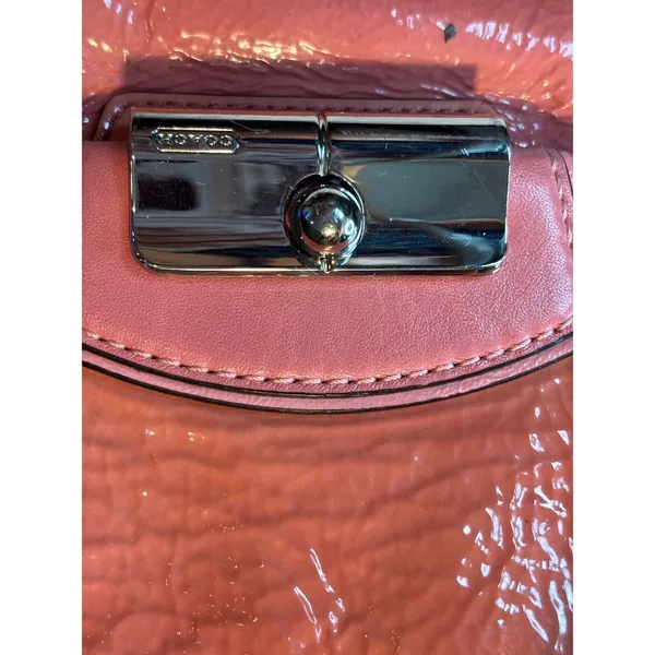 Coach Coral Pink Crinkled Patent Leather Hobo Shoulder Bag Turnlock Pink Bag - Image 16
