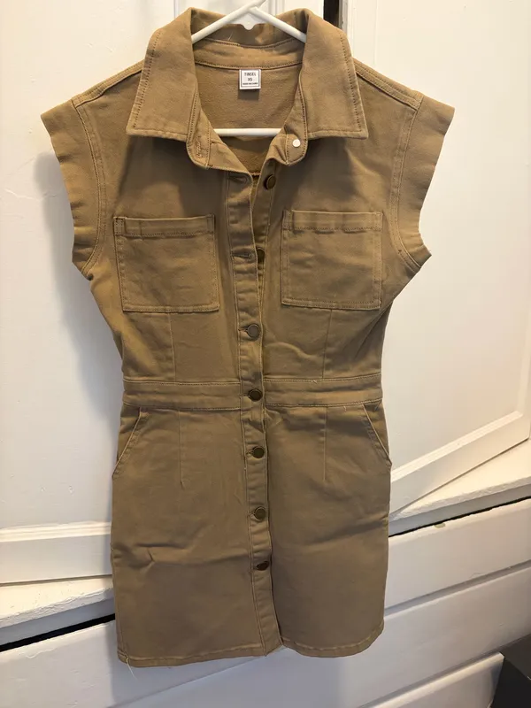 Tinsel Tan Denim Sleeveless Dress Collared Button Front Pockets XS - Image 6