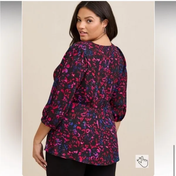 Torrid Peplum Georgette Tie Front Leopard Print Blouse Plus Size 2X Black Pink - Image 6