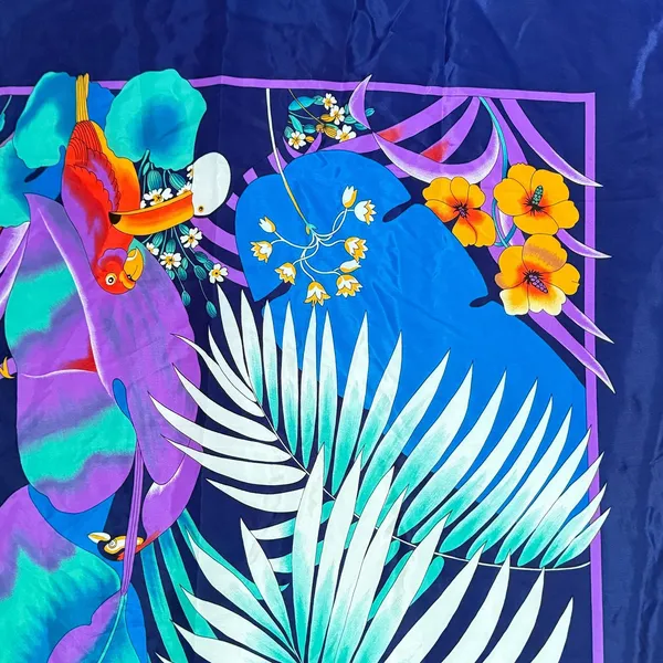 Vintage 90s Square Tropical Leaf Parrot Scarf Wrap Tropical Summer 36" x 43"‎ - Image 4