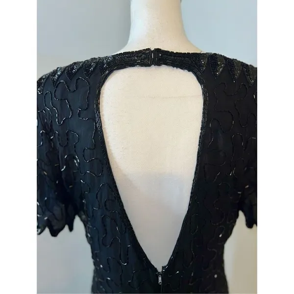 100% Silk Vintage Women’s Black Beaded Open Back MIDI Dress LARGE - Image 7