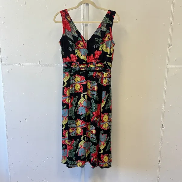 Vintage Kamellia by P.R. Tropical Floral V-Neck Smocked‎ Waist Midi Dress Small - Image 2