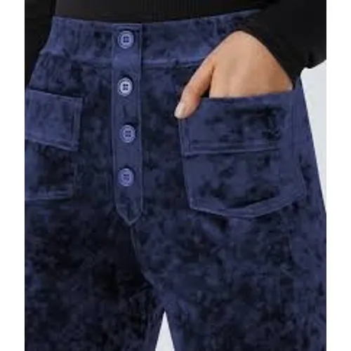 Halara Women Pants S Navy Blue Crushed Velvet Wide Leg High Waist Button Front - Image 2