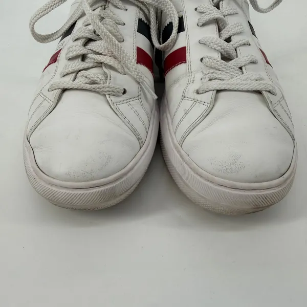 Moncler White Leather Low Top‎ Sneakers Women's 10 EU 41 Red Navy Stripe - Image 3