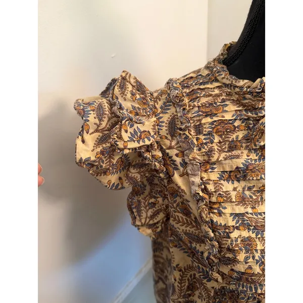 Farmers Market Boho Floral Paisley Pintuck Blouse Cotton Ruffle Sleeve Cottage - Image 2