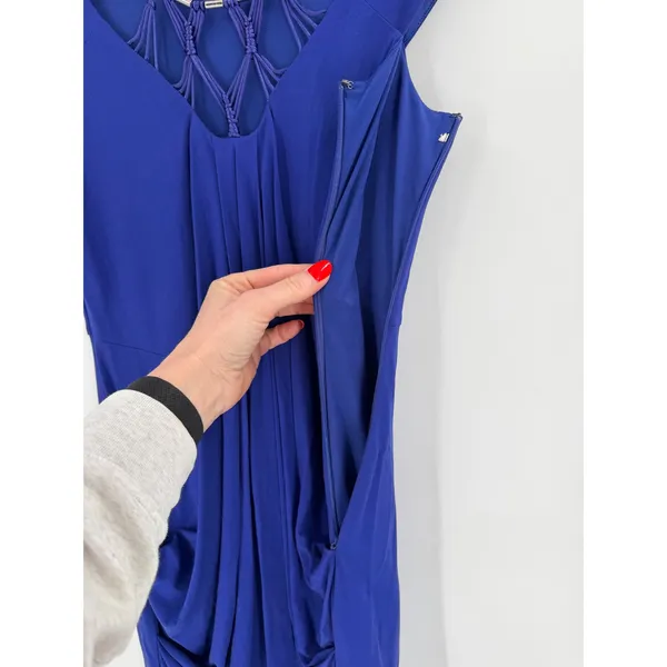 Karen Millen Royal‎ Blue Draped Ruched Bodycon Dress S Cage Neck Cocktail Glam - Image 4