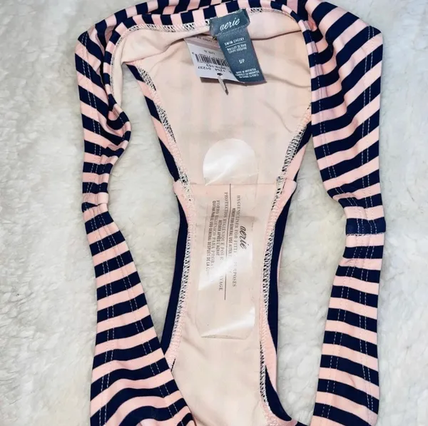 aerie Cheeky Swim Bottoms Light Pink Navy Blue Striped Low Rise NWT - Image 5