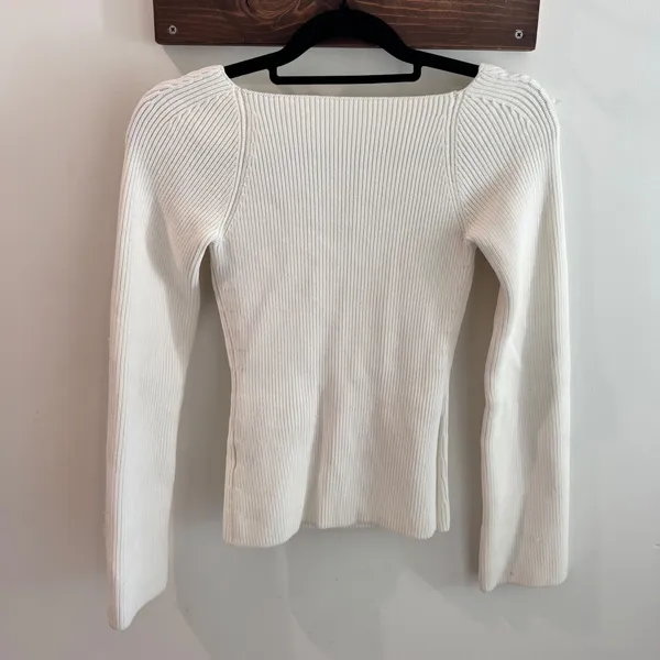 Pixie Market White Ribbed Sweetheart Neck Long Sleeve Knit Top Small - Image 2