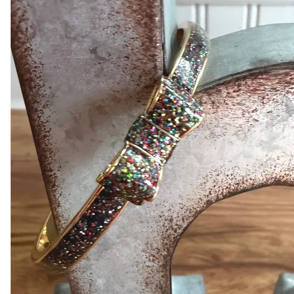 Kate Spade Multi Color Glitter Bow Bangle Bracelet Gold Tone 8 Inch - Image 2
