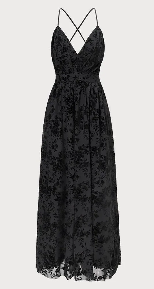 Rihoas Black Floral Flocked Mesh Slit Maxi Dress - Image 7