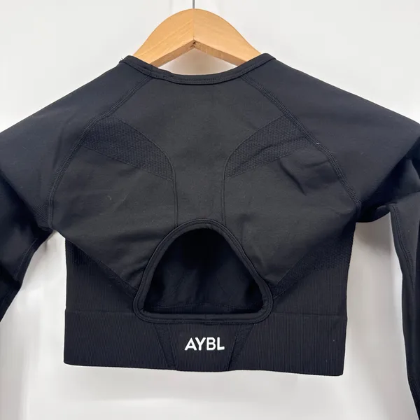 AYBL Black Motion Seamless Cropped Long Sleeve Gym Top Thumbholes‎ Cutout Back S - Image 6