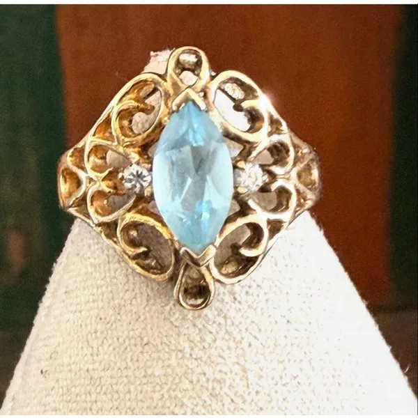 Vintage Sterling Silver Gold Vermeil Filigree Ring Blue Marquise Stone 925 Ring - Image 2