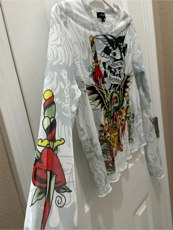 Ed Hardy Dragon Dagger white mesh long sleeve crop top Large Y2K - Image 10