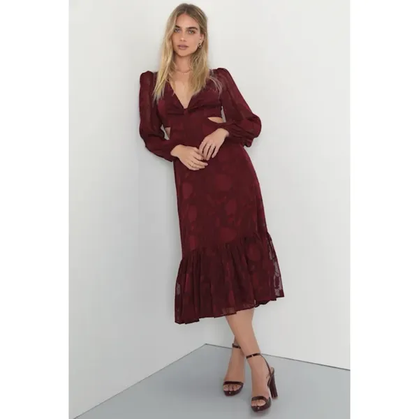 Lulus Desired Aesthetic Wine Red Floral Burnout Long Sleeve Midi Dress Size L - Image 12