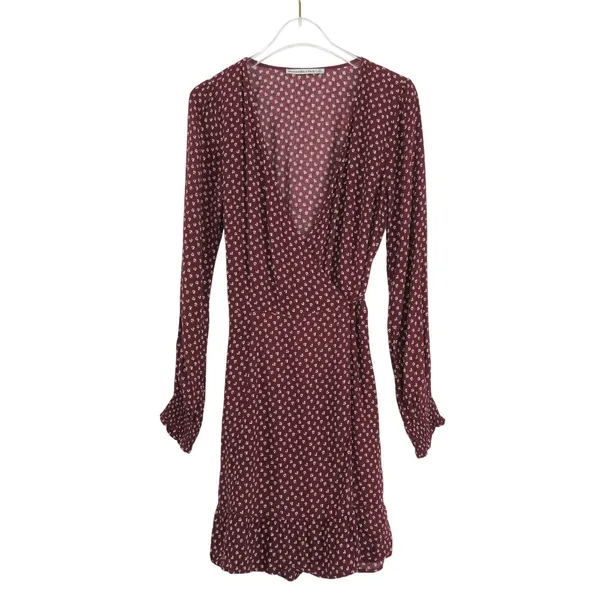Abercrombie & Fitch Smocked Cuff Burgundy Wrap Dress Long Sleeve V-Neck XS - Image 3
