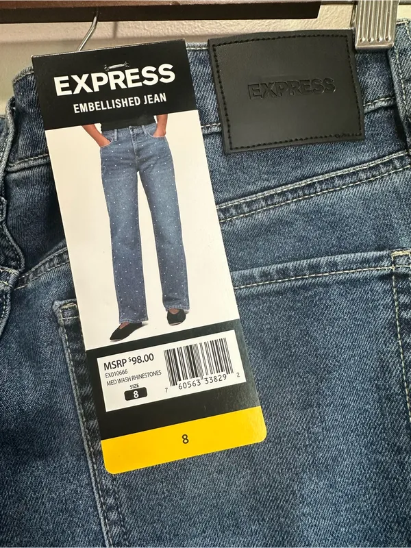 Express Blue Wide-Leg Jeans with Studded Detail - Image 2