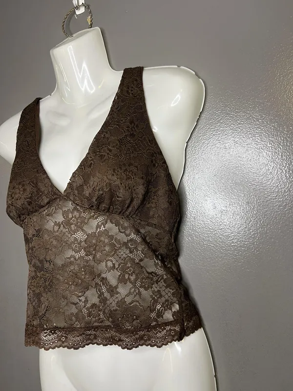 SweatyRocks Bralette Bra Womens Medium Brown Lace Sheer Wireless Lined Crop Top - Image 3