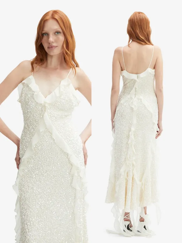 NWT‎ Bardot Marsella Ruffle Sequin Ivory Bridal Coquette Midi Dress - Image 3