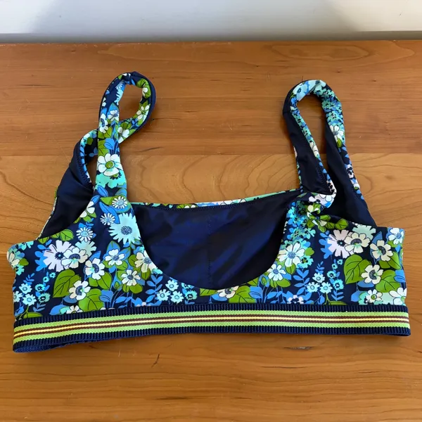 Aerie Floral Scoop Neck Bikini‎ Top Blue Green Stripe Band Medium - Image 3