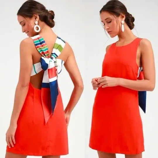 Lulus Women’s Chiffon Mini Shift Dress Sleeveless Sz XS Orange Nautical Zip ￼ - Image 14