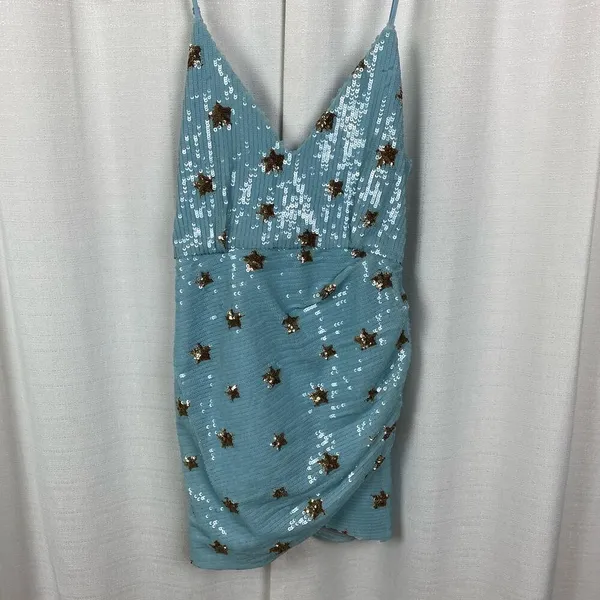 Revolve Superdown Blue Star Print Sequin Dina Mini Dress Sz.S - Image 5