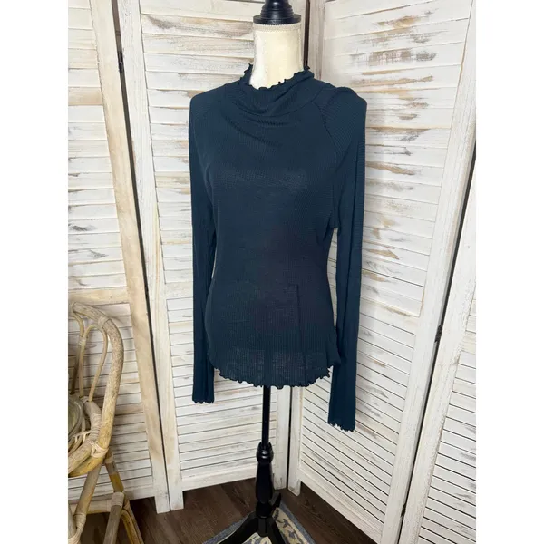 INTIMETELY FREE PEOPLE Womens XL Make It Easy Thermal Top Lettuce Trim Navy Blue - Image 6