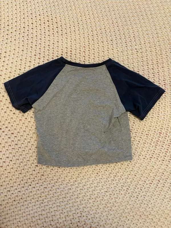 SHEIN Short-Sleeved Crop Top Baseball Tee Gray With Navy Blue Sleeve - Image 2