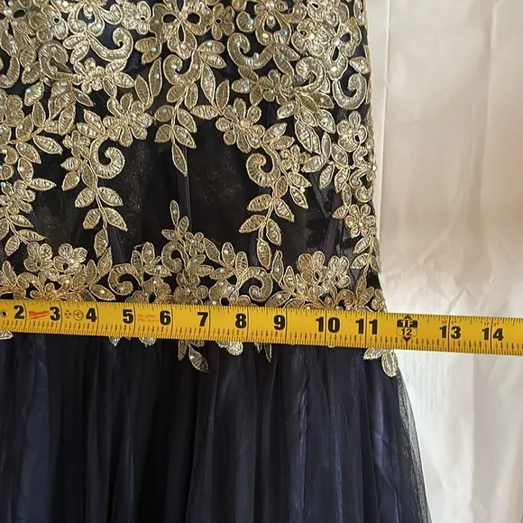 Blondie Nites Gown Juniors‎ Size 9 Navy Long Mesh Gown Corset Style Gold Prom - Image 12