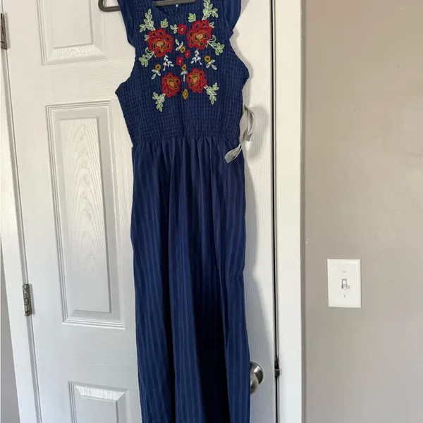 Tanya Taylor And Sage Blue Floral Embroidered Ruffle Sleeveless Maxi Dress Summer - Image 9