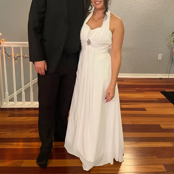 White bridal formal dress with beaded design, halter neck and zip back - Image 3