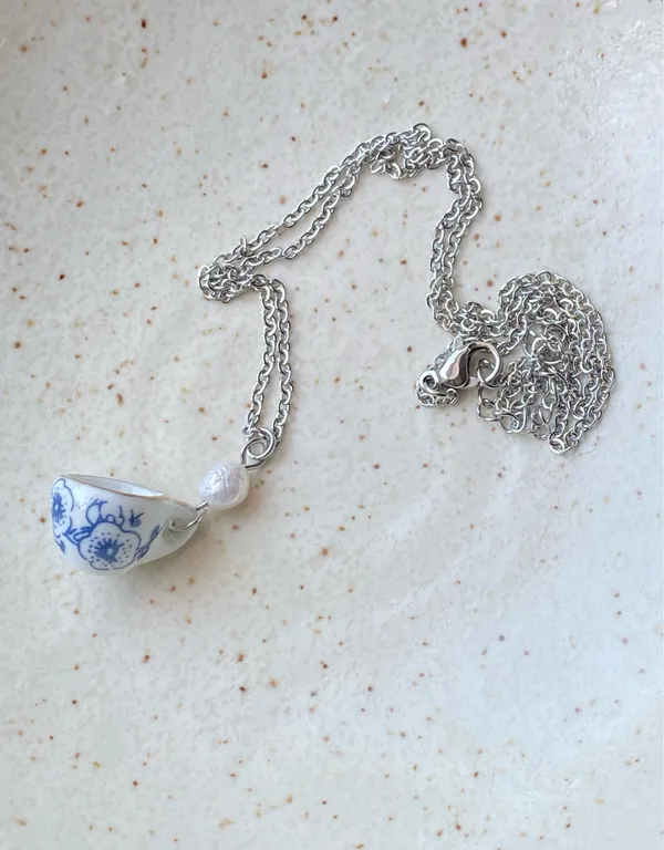 Handmade porcelain tea cup & freshwater pearl unique fun fairy antique style necklace🫖🍃🌀 - Image 4
