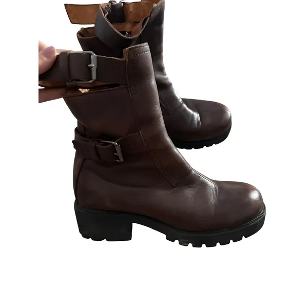 Double H Brown Leather Moto Boots Chunky Lug Sole Buckle Side Zip Womens 10 3016 - Image 2
