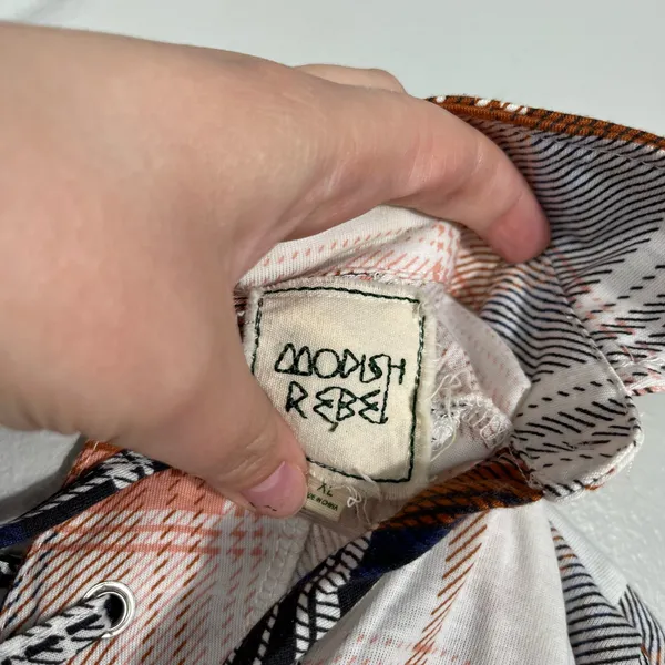 Modish Rebel Buckle White Orange Plaid Cutout Lace Up Back Button Down Western - Image 3