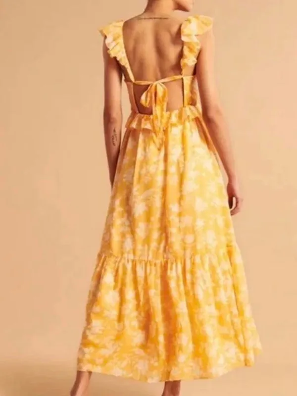 Abercrombie & Fitch Maxi Dress Womens MP Yellow Excellent Floral Ruffle Cutout - Image 2