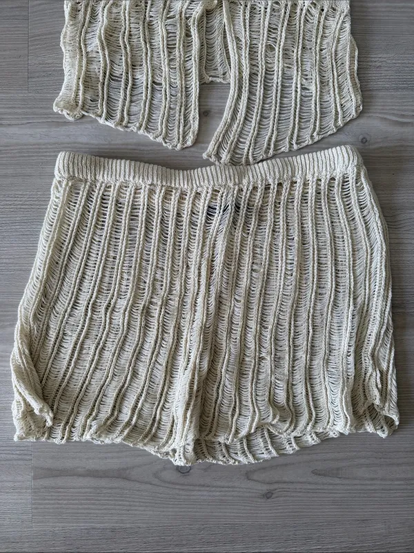Cotton Candy Cream Knit Crop Top & Shorts Set Coverup - Image 5
