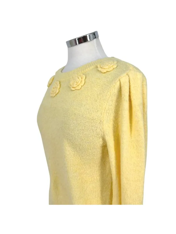 Joie Floral Embellished Puff Sleeve Sweater Cottagecore Coquette Yellow Small - Image 4