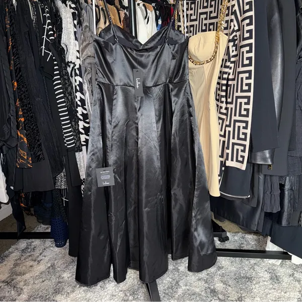 Lulus Something To Celebrate Black Satin A-Line Midi Dress With Pockets - Image 12